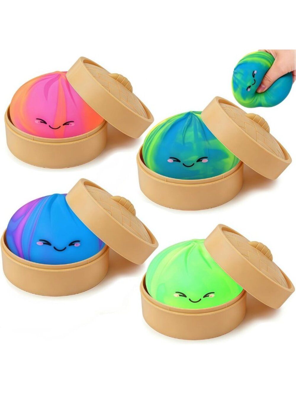 Rainbow Squishy Dumpling Toys - 4 Pack Mystery Box, Stress Relief Fidget Squeeze